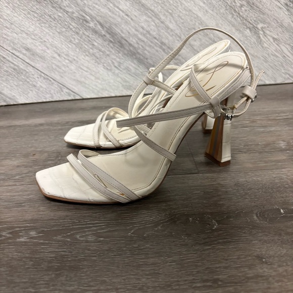 Sam Edelman | Lela Bright White Ankle Strap Squared Open Toe Heeled Sandals - Picture 7 of 12